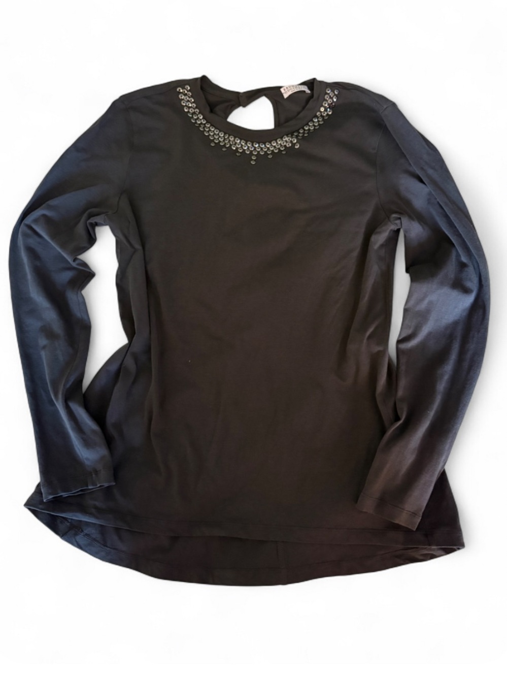 Brunello Cucinelli Charcoal Beaded Neck Long Sleeve Top